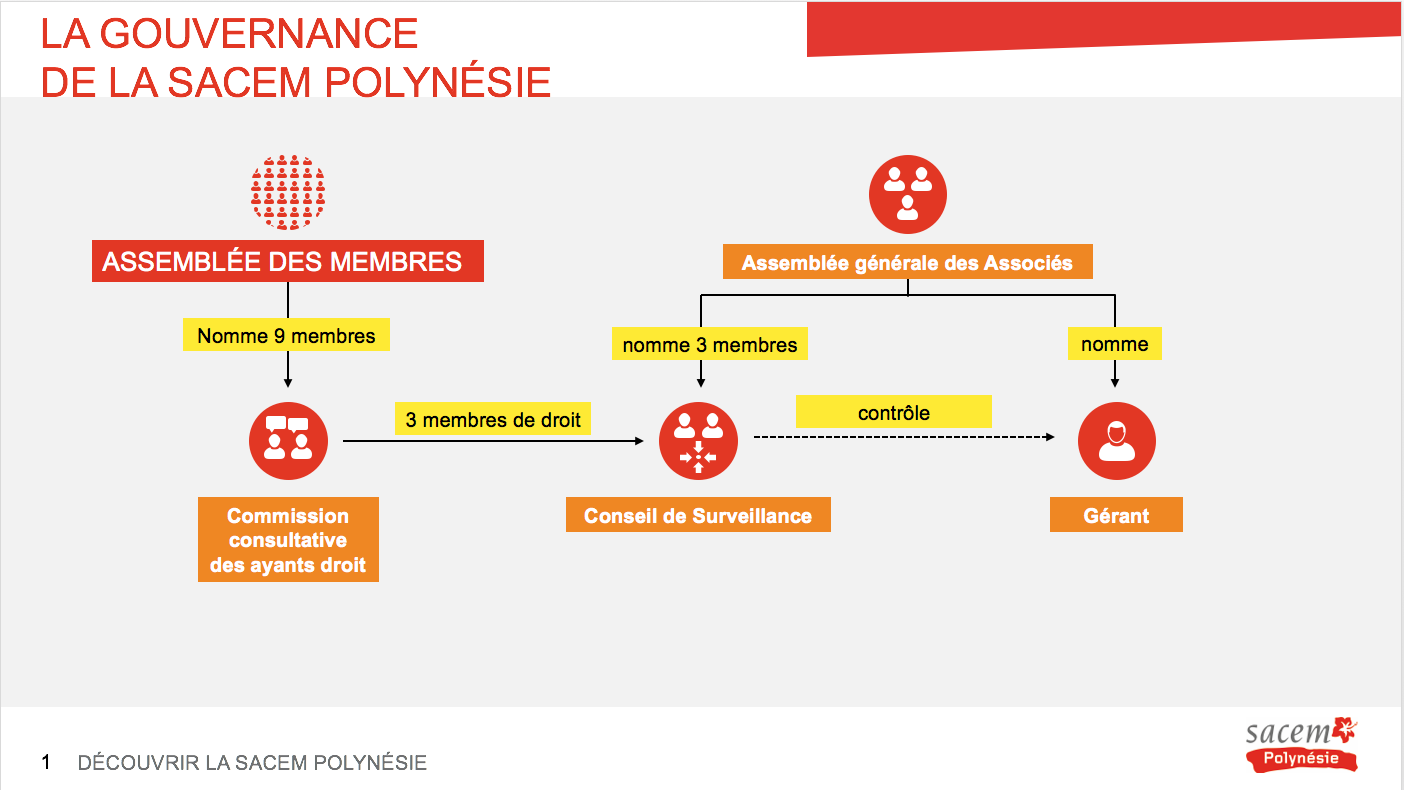 Le schéma 1 de la gouvernance de la Sacem Polynésie